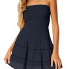 Summer Strapless Smocked Bodice Mini Dresses for Women Vacation Beach Boho Tube A-Line Dress with Pockets