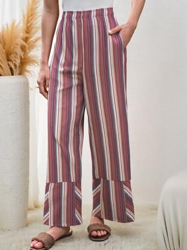 Womens Wide Leg Lounge Pants Elastic High Waisted Striped Palazzo Pants Flowy Casual Beach Travel Trousers
