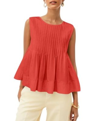 Womens Pleated Babydoll Tank Tops Summer Peplum Sleeveless Cotton Blouses Loose Fit Flowy Shirts