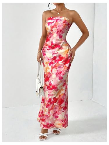 Women's Floral Cut Out Backless Strapless Tube Dress Summer Vacation Maxi Dresses