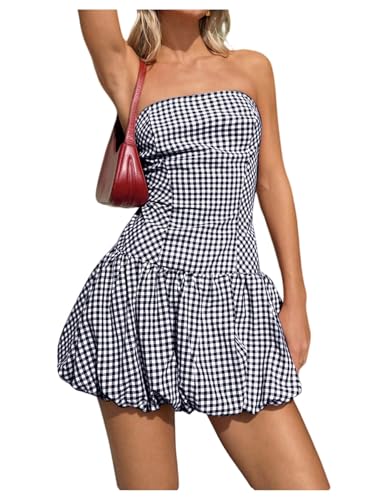 41PaYDBDykL.jpg Women's Plaid Strapless Bubble Dress Sleeveless Ruffle Mini Tube Dresses