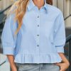 Womens Cropped Button Down Shirts 3/4 Length Sleeve Casual Cotton Blouses Loose Fit Ruffle Hem Tops