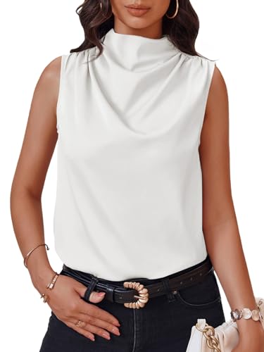 Womens Mock Neck Satin Tank Tops Business Casual Work Ruched Blouses Summer Corporate Outfits