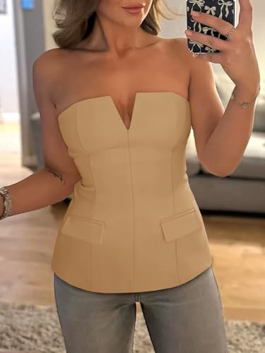 Womens Strapless Tube Tops Summer Fitted Notched Neck Blazer Vest Business Dressy Casual Suit Vest Tops