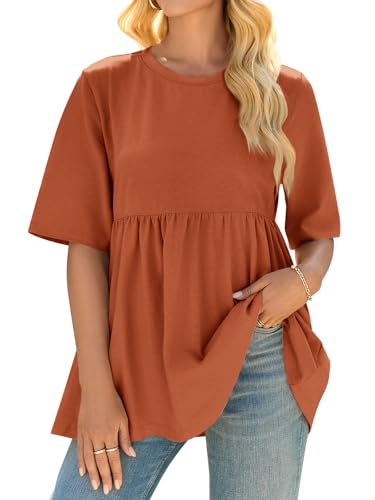 Womens Summer Babydoll Tops Oversized Short Sleeve Crewneck T Shirts Peplum Casual Loose Blouse