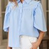 Womens Summer Button Down Shirts Short Ruffle Puff Sleeve Cotton Blouses Dressy Casual Ladies Tops