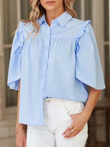 Womens Summer Button Down Shirts Short Ruffle Puff Sleeve Cotton Blouses Dressy Casual Ladies Tops
