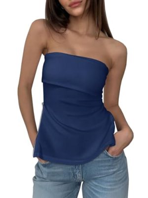 Womens Strapless Tube Tops Fitted Ribbed Knit Y2K Going Out T Shirts Summer Side Zipper Backless Bandeau Tops