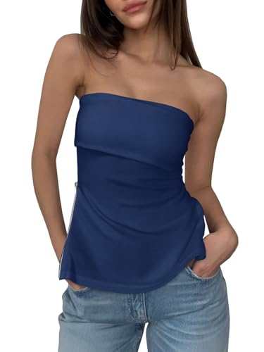Womens Strapless Tube Tops Fitted Ribbed Knit Y2K Going Out T Shirts Summer Side Zipper Backless Bandeau Tops