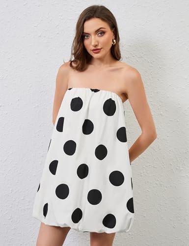 Women’s Polka Dot Bubble Mini Dress Strapless Backless Loose Fit Tube Dress Elegant Pleated Elastic Beach Dress
