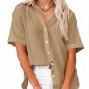 Womens Short Sleeve Button Down Shirts Cotton Linen V Neck Side Slit Blouse Summer Casual Loose Fit Beach Tops