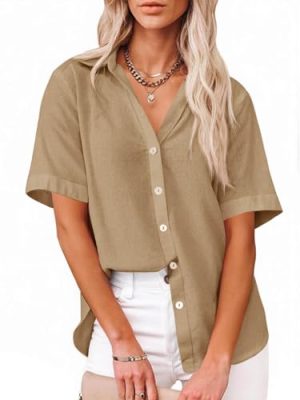 Womens Short Sleeve Button Down Shirts Cotton Linen V Neck Side Slit Blouse Summer Casual Loose Fit Beach Tops