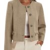 Womens Cropped Tweed Blazer Collarless Button Down Bomber Jacket Business Casual Fall Outfits