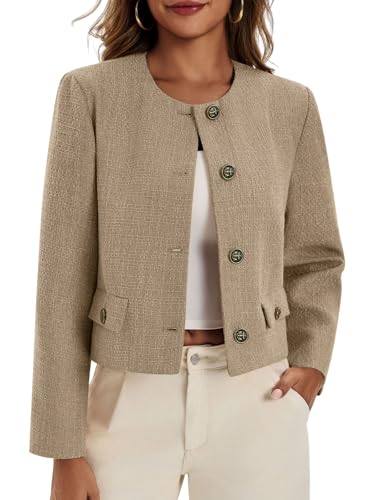 Womens Cropped Tweed Blazer Collarless Button Down Bomber Jacket Business Casual Fall Outfits