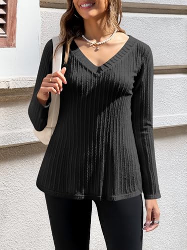 Womens Long Sleeve Tops Trendy V Neck Ribbed Lightweight Shirts Dressy Casual Loose Fit Blouses