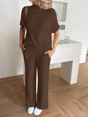 Womens 2 Piece Lounge Sets Casual Batwing Short Sleeve Knit Sweater Loose Wide Leg Pants Travel Outfits