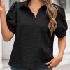 Womens Puff Short Sleeve Polo Shirts Summer V Neck Textured Tops Dressy Casual Loose Fit Blouse