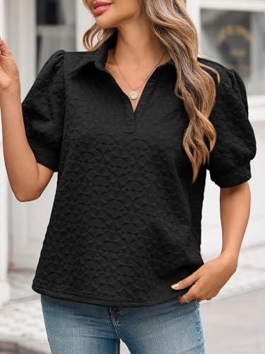 Womens Puff Short Sleeve Polo Shirts Summer V Neck Textured Tops Dressy Casual Loose Fit Blouse