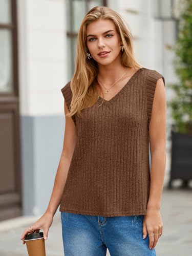 Womens Ribbed Cap Sleeve Tank Tops V Neck Knit Summer Casual Shirts Lightweight Pullover Sweater Vest