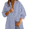 Womens Oversized Striped Button Down Shirts Boyfriend Long Sleeve Collared Work Blouses