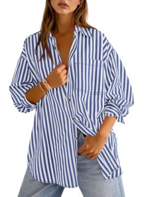 Womens Oversized Striped Button Down Shirts Boyfriend Long Sleeve Collared Work Blouses