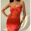 41R-lZzXMvL.jpg Women's Floral Twist Front Mesh Tube Dress Elegant Strapless Fishtail Maxi Dresses