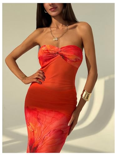 41R-lZzXMvL.jpg Women's Floral Twist Front Mesh Tube Dress Elegant Strapless Fishtail Maxi Dresses