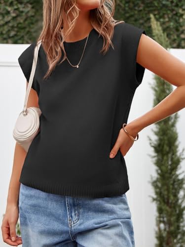 Womens Cap Sleeve Sweater Vest Summer Casual Sleeveless Knit Tank Tops Loose Fit Crew Neck Shirts Pullover