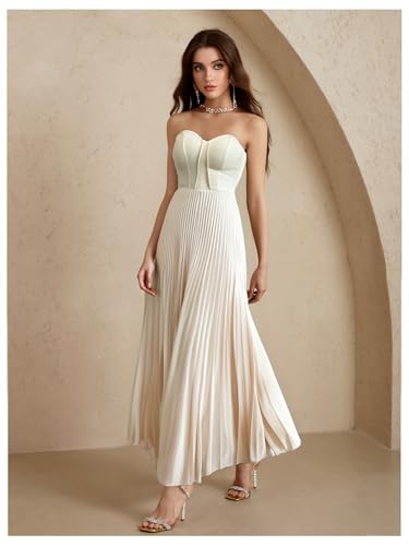 Women's Pleated A Line Tube Dress Elegant Strapless High Waisted Long Flowy Dresses