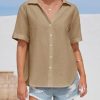 Womens Short Sleeve Button Down Shirts Cotton Linen V Neck Side Slit Blouse Summer Casual Loose Fit Beach Tops