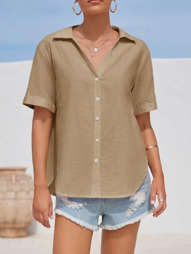 Womens Short Sleeve Button Down Shirts Cotton Linen V Neck Side Slit Blouse Summer Casual Loose Fit Beach Tops