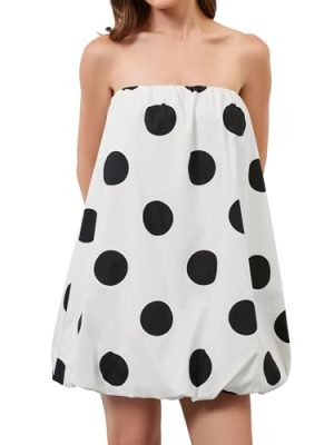 Women’s Polka Dot Bubble Mini Dress Strapless Backless Loose Fit Tube Dress Elegant Pleated Elastic Beach Dress