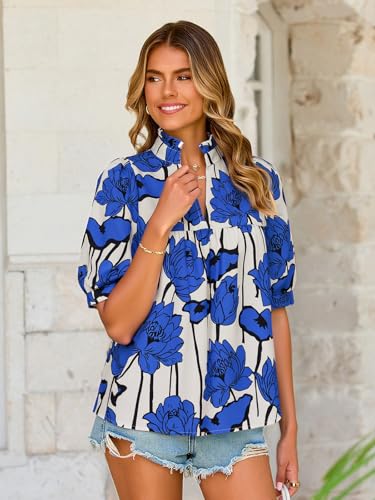 Womens Floral Babydoll Blouse Peplum Puff Sleeve V Neck Tops Casual Pleated Loose Fit Boho Shirts