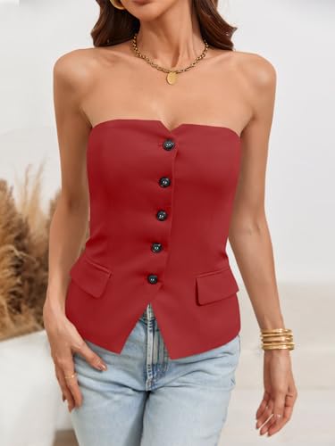 Notched Neck Tube Tops Blazer Sleeveless Button Fitted Strapless Work Blazer Vest