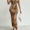 Women's Summer Dress Printed Strapless Tube Dress Bodycon Long Dress Side Slit Mesh Layered