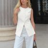 Womens Round Neck Waistcoat Vest Summer Button up Vest Tops Casual Business Fitted Sleeveless Blazer