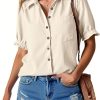Womens Puff Short Sleeve Button Down Shirts Summer Casual Collared V Neck Blouse Linen Loose Fit Work Tops