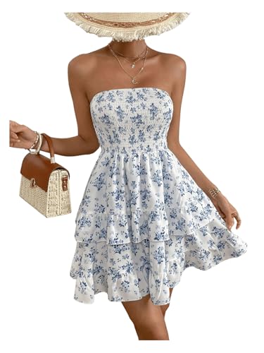 Women's Floral Print Ruffle Hem Tiered Layer Backless Shirred Tube A Line Dress