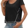 Womens Cropped Scoop Neck Tshirts Summer Cap Short Sleeve Exposed Seam Tops Casual Loose Fit Cotton Tee Shirts