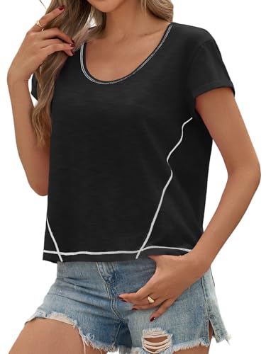 Womens Cropped Scoop Neck Tshirts Summer Cap Short Sleeve Exposed Seam Tops Casual Loose Fit Cotton Tee Shirts