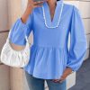 Womens Puff Long Sleeve Peplum Blouses Babydoll V Neck Ruffle Tops Cute Cotton Loose Fit Shirts