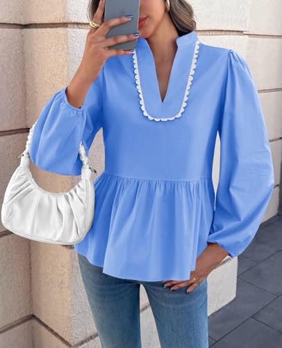 Womens Puff Long Sleeve Peplum Blouses Babydoll V Neck Ruffle Tops Cute Cotton Loose Fit Shirts