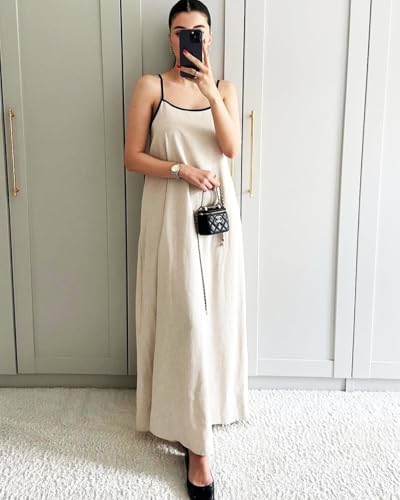 Women's 2025 Summer Linen Maxi Dress Contrast Spaghetti Strap Dress Backless Sleeveless Casual Party Beach Dresses