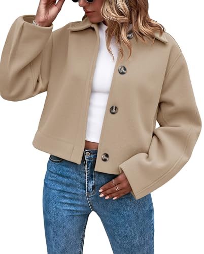 Womens Cropped Pea Coat Casual Button Down Short Jackets Fall Winter Outerwear