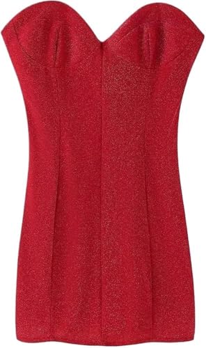 Women's Red Shiny Dress Strapless Lace Up Back Drawstring Bodycon Sexy Party Club Dresses