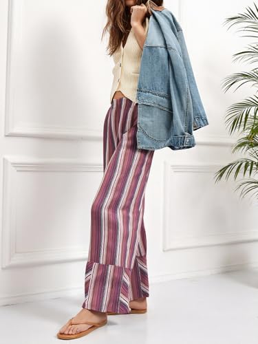 Womens Wide Leg Lounge Pants Elastic High Waisted Striped Palazzo Pants Flowy Casual Beach Travel Trousers