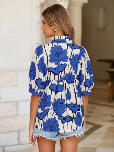 Womens Floral Babydoll Blouse Peplum Puff Sleeve V Neck Tops Casual Pleated Loose Fit Boho Shirts