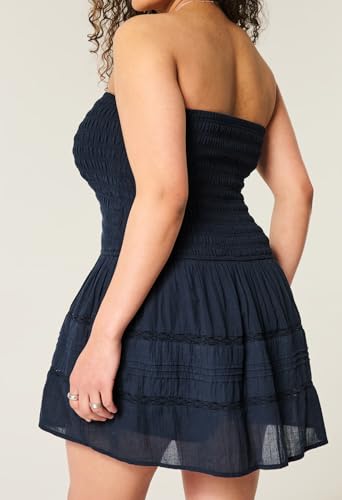 Summer Strapless Smocked Bodice Mini Dresses for Women Vacation Beach Boho Tube A-Line Dress with Pockets