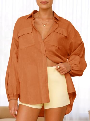 41UtZVpjSAL.jpg Womens Oversized Button Down Shirts Puff Long Sleeve Collared V Neck Cotton Blouses Linen Loose Fit Tops