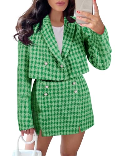 Womens Cropped Tweed Blazer Sets 2 Piece Outfits and Mini Skirt Sets Business Casual Suits